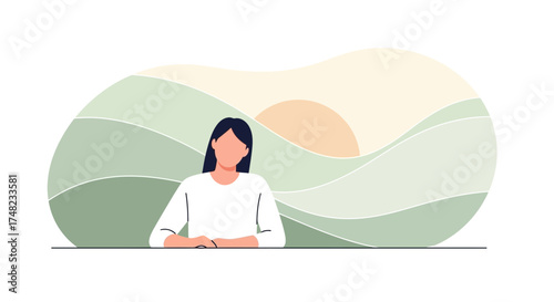Illustration of a contemplative woman with a serene landscape background at sunrise