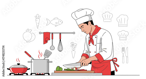 Illustration of a dedicated chef skillfully preparing ingredients in a bustling kitchen scene