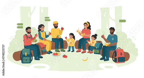 Illustration of a diverse group of people enjoying a picnic in a forest setting  depicting family