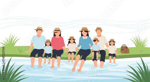Illustration of a family enjoying a day at the riverbank with their feet in the water