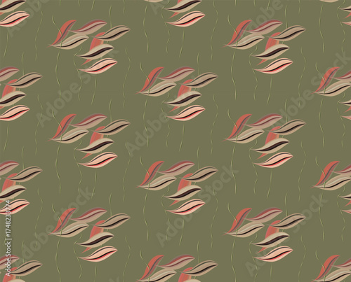 Stylized striped fish and algae in a seamless pattern for textiles, websites.