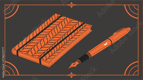 Notebook and Fountain Pen Illustration Creative Writing Tools Stationary Design.