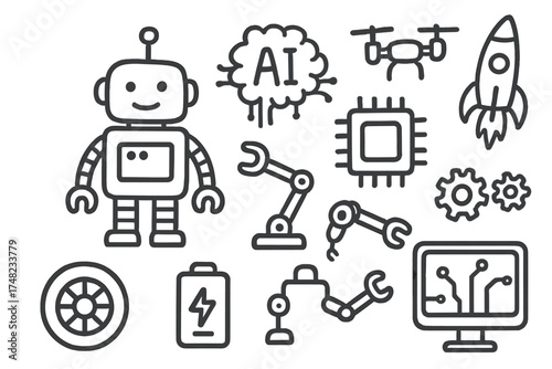 Robotics Doodle Icons. Robotics doodle icon set: hand drawn icons of robot, AI brain, chip, gears, arms, wheel, battery, drone,