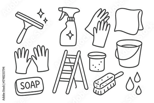Window Cleaning Icons. Window cleaning doodle icon set: hand drawn icons of squeegee, spray bottle, cloth, gloves, ladder, bucket,