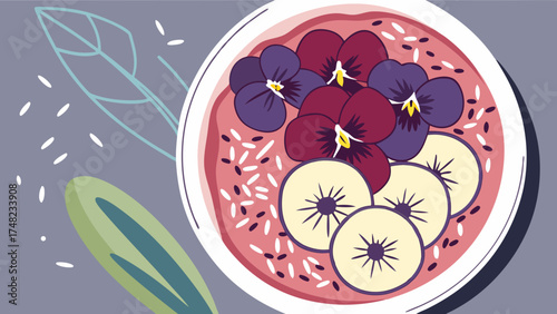 Healthy Smoothie Bowl with Fresh Fruits and Edible Flowers.