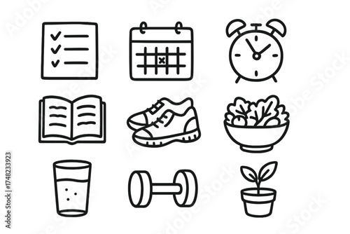 Positive Habits Icons. Positive habits doodle icon set: hand drawn icons of checklist, calendar, alarm clock, book, shoes, salad