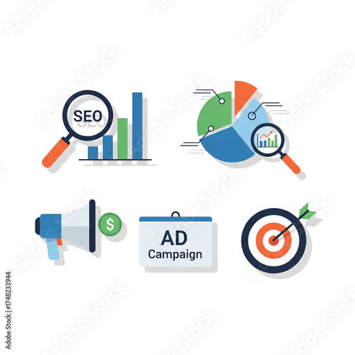 This vector business infographic template features arrows, icons, and a chart for data and information design