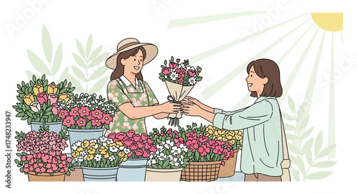 Illustration of a florist selling a beautiful flower bouquet to a happy customer at a flower shop