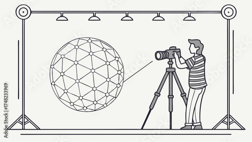 Photographer with Camera Taking Photo of Geometric Sphere.