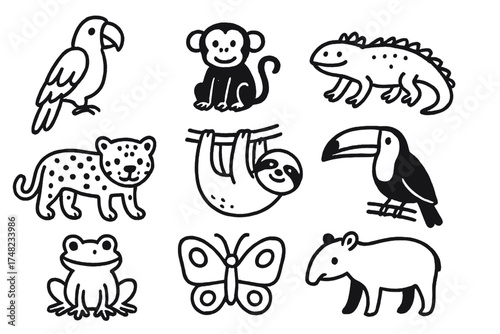 Tropical Animal Icons. Tropical animals doodle icon set: hand drawn icons of parrot, monkey, iguana, jaguar, sloth, toucan, frog,