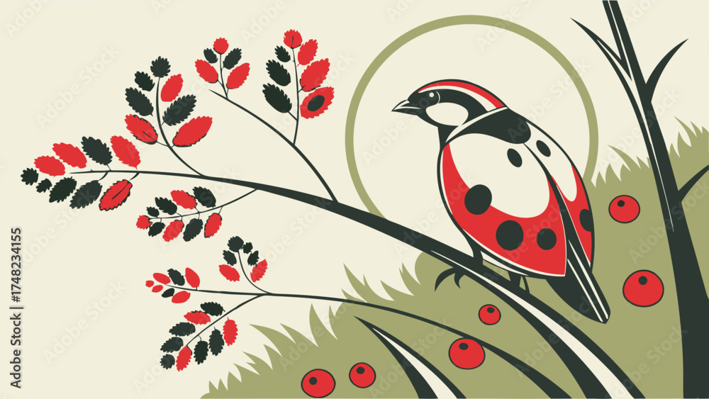 Fototapeta premium Illustration of a bird and branches with red and black foliage and red berries graphic design.