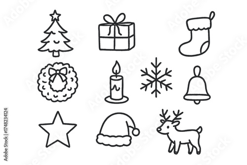 Christmas Doodle Icons. Christmas celebration doodle icon set: hand drawn icons of tree, gift, stocking, wreath, candle, snowflake