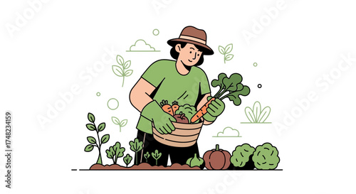 Illustration of a happy farmer harvesting fresh vegetables from their garden with care and