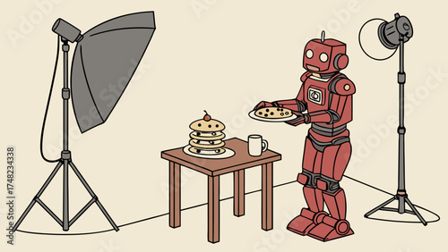 Robot Chef with Pancakes and Lighting Equipment.