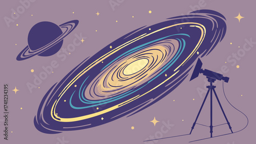 Illustration of a Galaxy and Celestial Objects with Telescope.