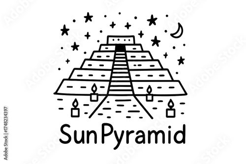 Doodle Sun Pyramid. Doodle pyramid of the sun teotihuacan with stars, steps, and lanterns, center word “SunPyramid” in black and