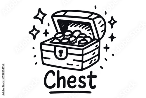 Doodle Treasure Chest. Doodle treasure chest with stars, coins, and sparkles, center word “Chest” in black and white isolated