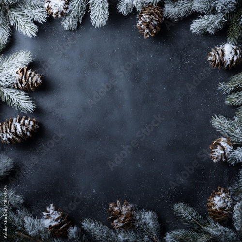 Winter Frame with Snowy Pine Branches and Cones on Dark Backgroun