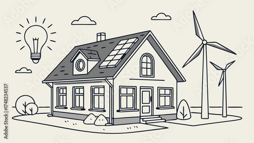 Illustration of a House powered by renewable energy sources.