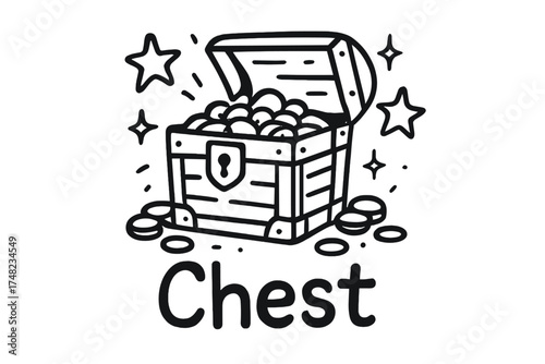Doodle Treasure Chest. Doodle treasure chest with stars, coins, and sparkles, center word “Chest” in black and white isolated