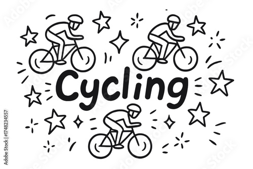 Cycling Race Doodle. Doodle cycling race with stars, bikes, and sparkles, center word “Cycling” in black and white isolated
