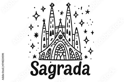 Sagrada Familia Doodle. Doodle sagrada familia with stars, mosaics, and sparkles, center word “Sagrada” in black and white