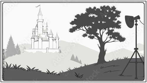 Illustration of a scenic landscape with a fantasy castle tree and lighting equipment.
