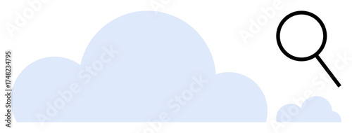 Large and small clouds with a magnifying glass exploring details, representing data analysis, cloud computing, and search. Ideal for technology, research, innovation, investigation, digital storage