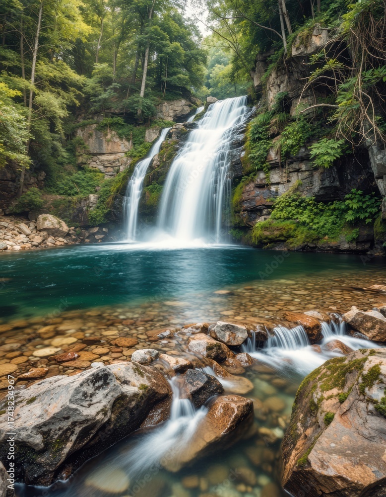 Obraz premium Majestic waterfall cascading through forested rocks into clear pool
