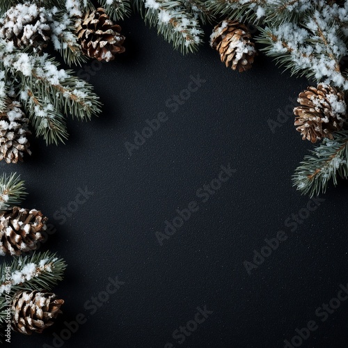 Winter Frame with Snowy Pine Branches and Cones on Dark Backgroun