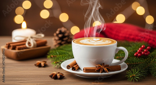 Christmas Cappuccino with Latte Art, Cinnamon, and Pine Sprigs