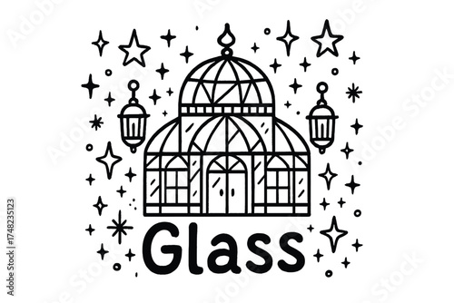Glass Palace Doodle. Doodle glass palace with stars, lanterns, and sparkles, center word “Glass” in black and white isolated