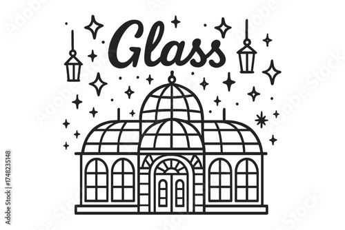 Glass Palace Doodle. Doodle glass palace with stars, lanterns, and sparkles, center word “Glass” in black and white isolated