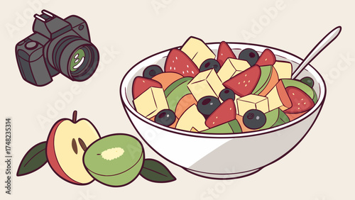 Illustration of Camera with Bowl of Fruit Salad.