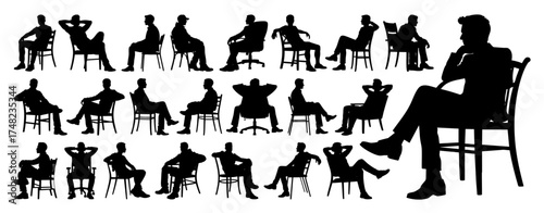 Man Sitting on Chair Silhouette Vector Big Collection, Business and Relaxed Poses, Transparent Background