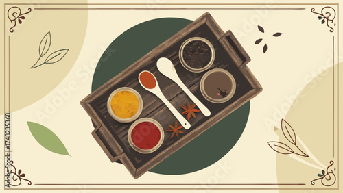 Spices and Herbs Composition with Rustic Tray Design.
