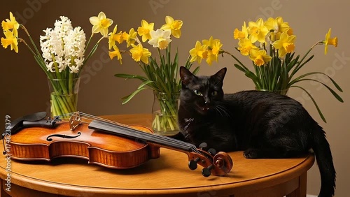 Black cat lying beside violin and yellow flowers