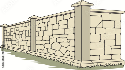 Stone Wall Illustration with Grass and Posts.