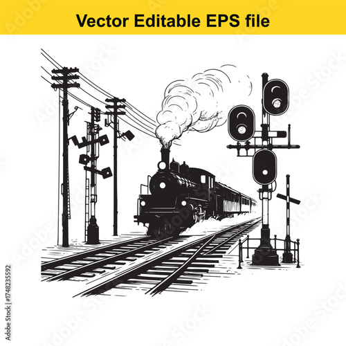 Vector art of steam locomotive emitting smoke on railway tracks, with multiple signal posts, black and white illustration