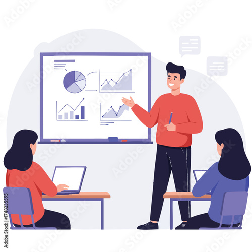 A confident student presents a project, gesturing to explain a diagram on a classroom whiteboard, with attentive classmates watching in a vibrant 2D flat vector illustration.