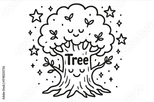 Enchanted Tree Doodle. Doodle enchanted tree with stars, faces, and sparkles, center word “Tree” in black and white isolated