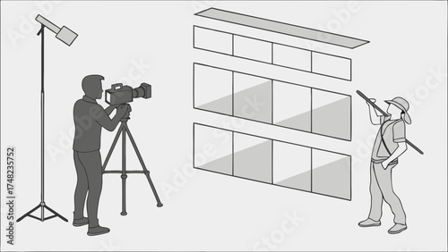 Illustration of Film Crew Working Filming Production Scene.
