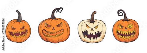 Cartoon pumpkins with various spooky faces for Halloween  
