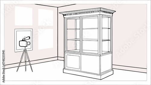 Illustration of Room with Camera Furniture and Decorative Items.