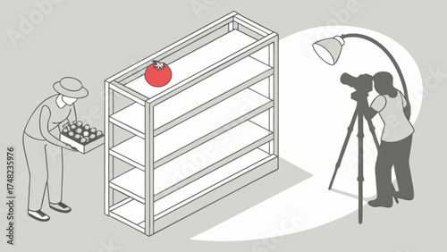 Illustration of Tomato on Display with Photography Setup.