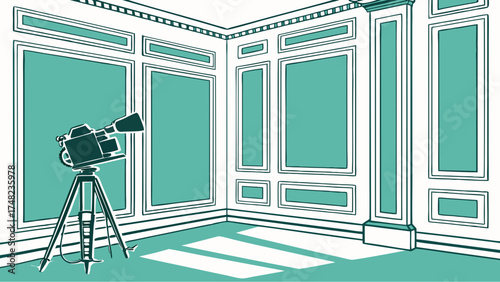 Vintage Film Camera Inside An Artistic Interior Flat Design Style.