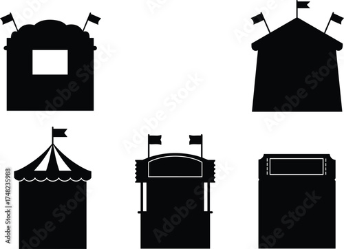 Carnival booth and tent silhouettes, fairground stall vector set, black and white icons, minimal design, festive structures, amusement event graphic collection