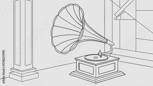 Vintage Gramophone Illustration in Outlined Form.