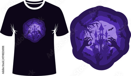 Afterlife Portal Paper Cut Style Graphic. Features a spooky layered silhouette of a haunted castle and grasping zombie hands in deep purples, creating a dimensional gateway effect.