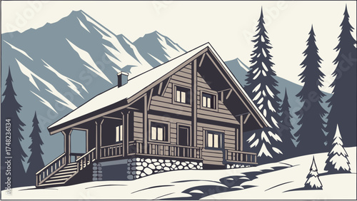 Winter cabin in a snowy mountain landscape illustration.